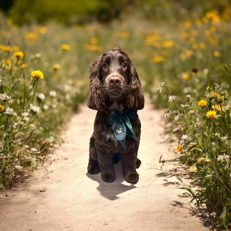 A chocolate cocker spaniel in a bandana on a sandy path through a meadow of dandelions